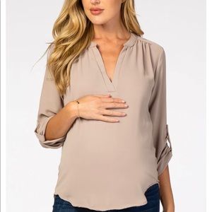 Taupe v-neck maternity blouse